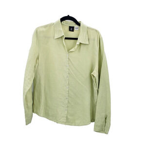 G 100% Linen Button Up Blouse Womens Large Green Long Sleeve Collared Gaudi